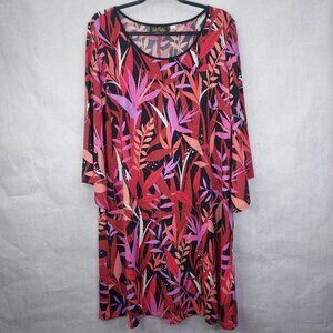 Bob Mackie Shift Dress M Bell Sleeve Floral Stretch Red Purple Wearable Art Boho